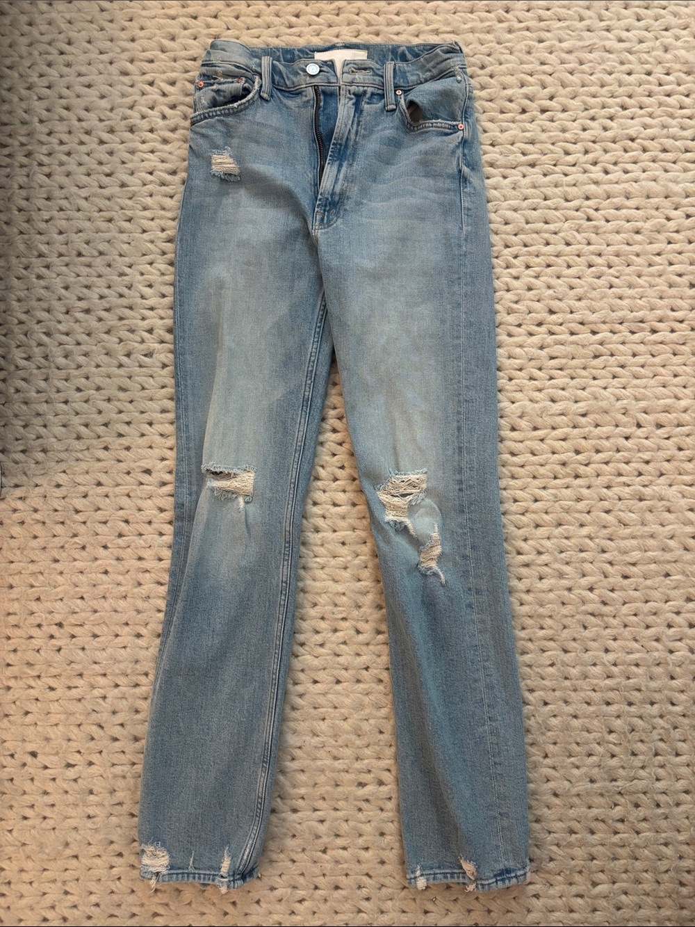 MOTHER Light Blue Distressed Straight-Leg Jeans